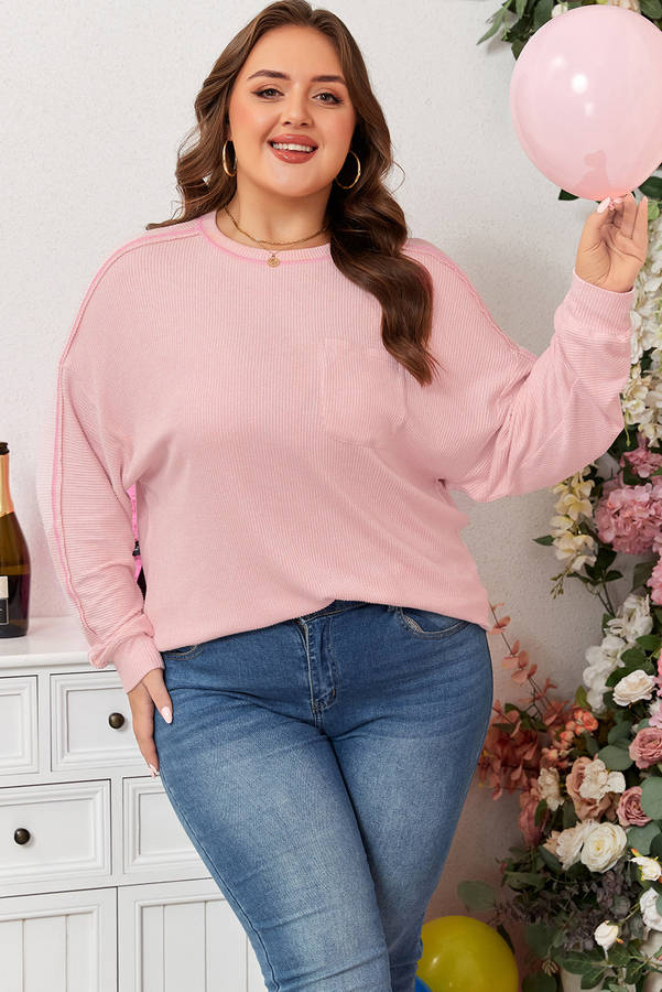 Bonbon Ribbed Exposed Seam Round Neck Chest Pocket Plus Knit Top