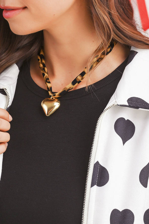 Gold Puffy Heart Charm Leopard Scarf Necklace