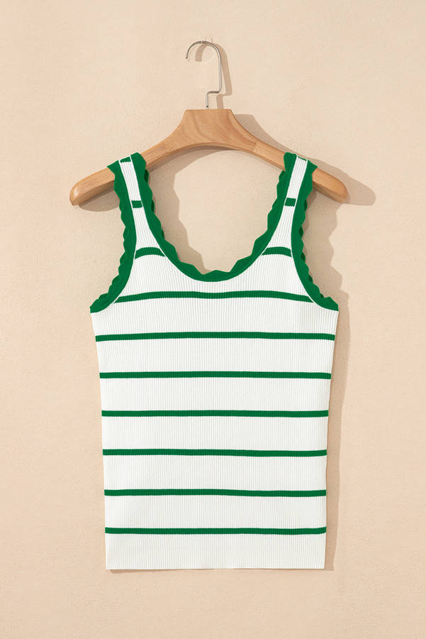 Bright Green Striped Scalloped Edge U Neck Sleeveless Sweater Vest