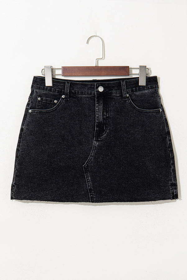 Carbon Grey Mineral Wash Ripped Raw Hem Denim Mini Skirt