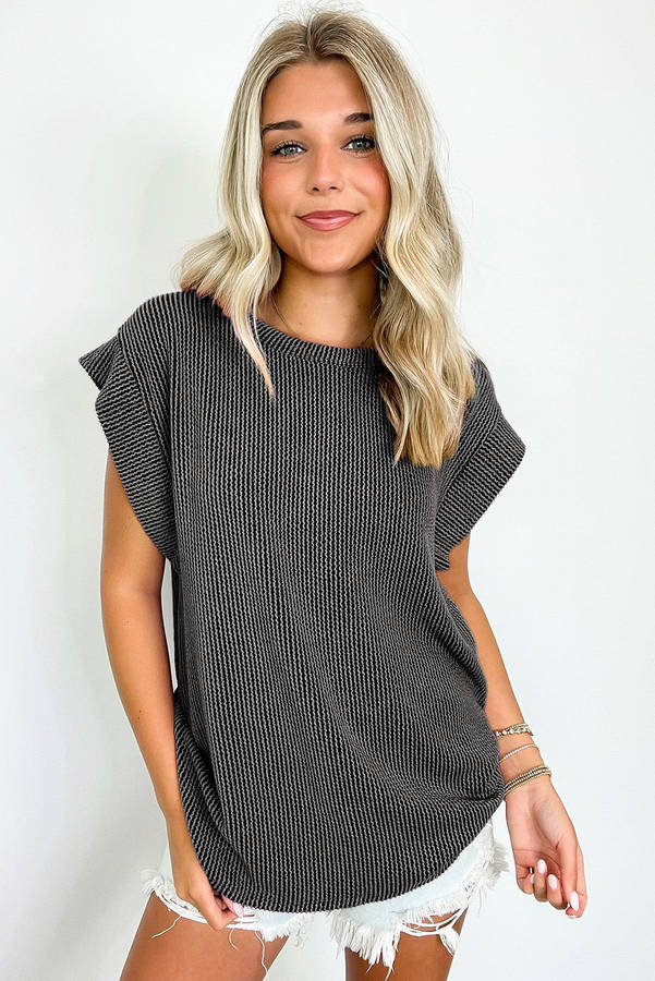 Carbon Grey Twisted Rib Wide Sleeve Crew Neck T Shirt