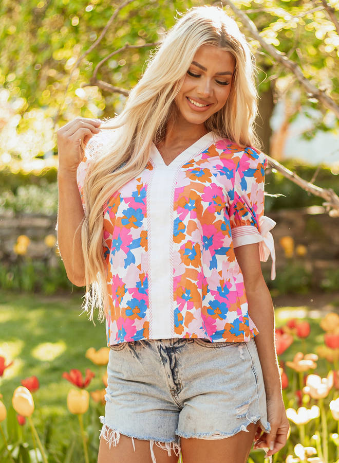 White Floral Colorblock Striped Edge V Neck Knotted Short Sleeve Blouse