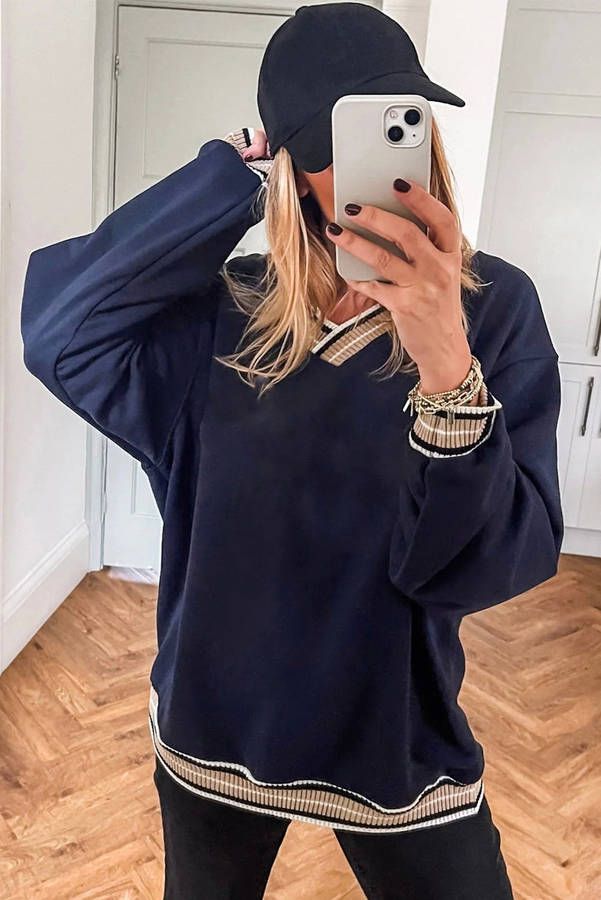 Navy Blue Varsity Contrast Striped Trim V Neck Sweatshirt