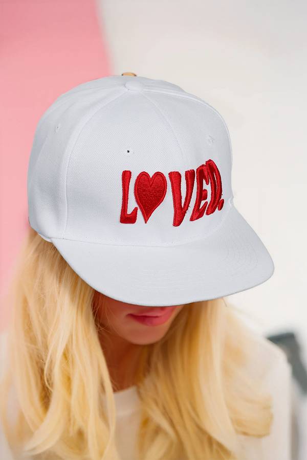 White LOVED Custom Embroidered Valentines Day Baseball Cap