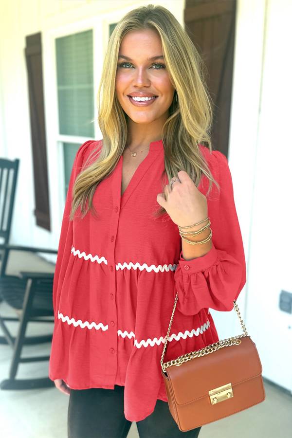 Coral Contrast Ricrac Trim V Neck Button Down Long Sleeve Shirt