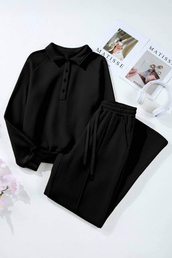 Black Solid Collared Sweatshirt and High Waist Pants Active Set