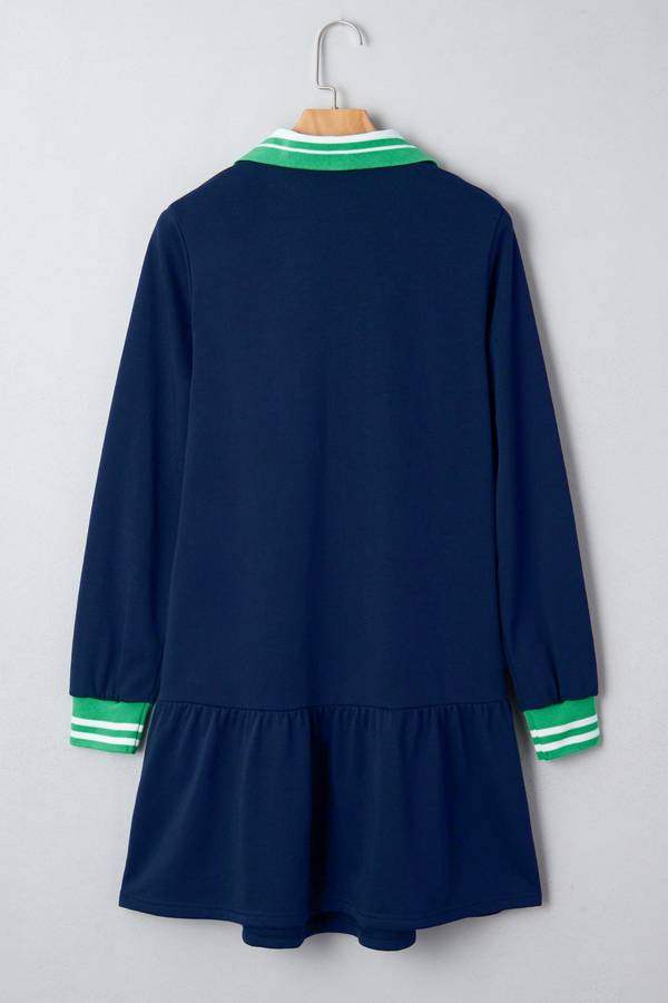 Navy Blue Contrast Striped Cuffs Polo Collar Patchwork Long Sleeve Ruffle Hem Mini Dress