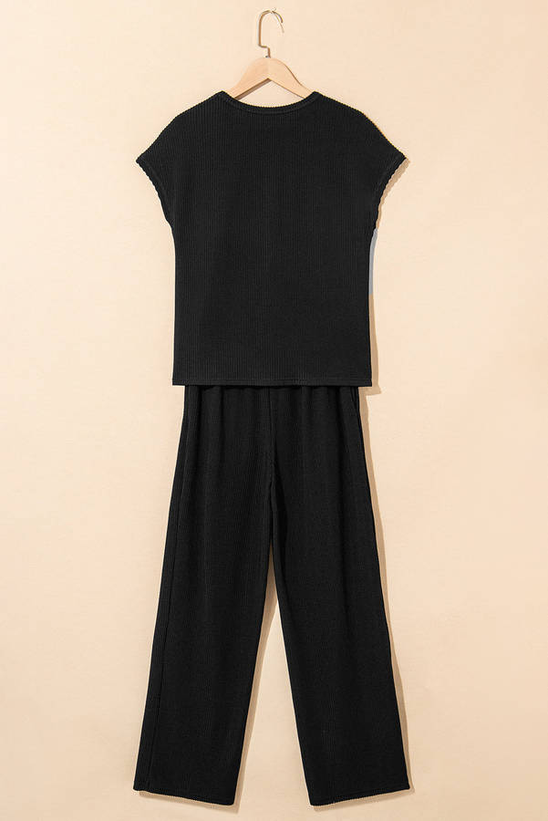 Black Solid Color Corded Short Sleeve Top and Casual Pants Set