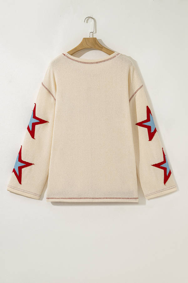 Beige USA Star Contrast Patchwork Exposed Seam Long Sleeve Top