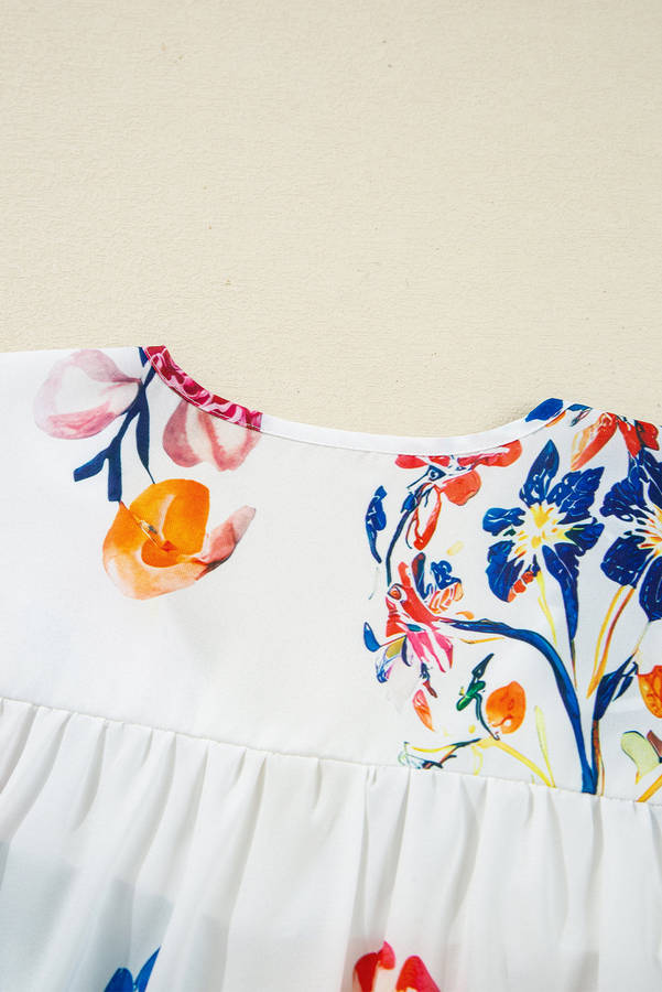 White Floral Print Tassel Tie Bracelet Sleeve Flowy Blouse