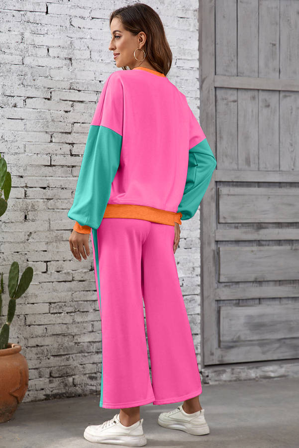 Rose Red 2pcs Color Block Pullover Loose Pant Set