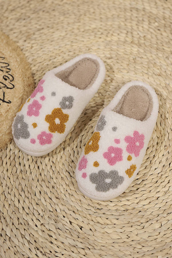 White Fuzzy Flower Pattern Winter House Slippers