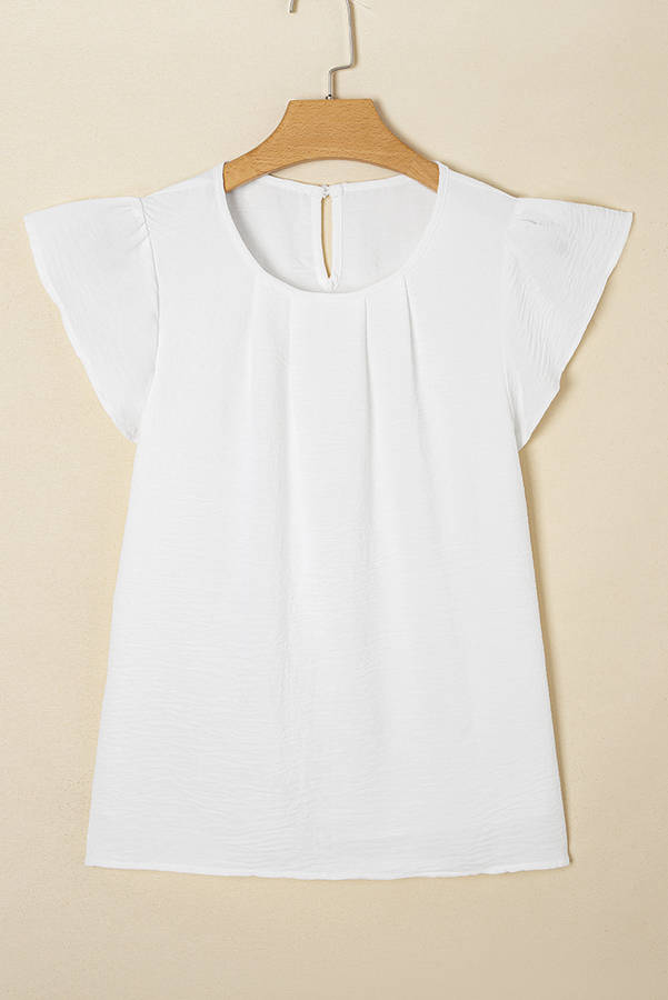 White Flounce Sleeve Pleated Textured Blouse