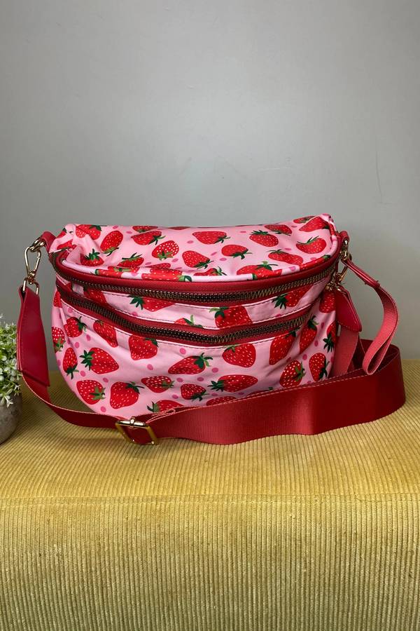 Fiery Red Pretty Checkerboard/ Strawberry Printed Canvas Double Zip Crossbody Bag