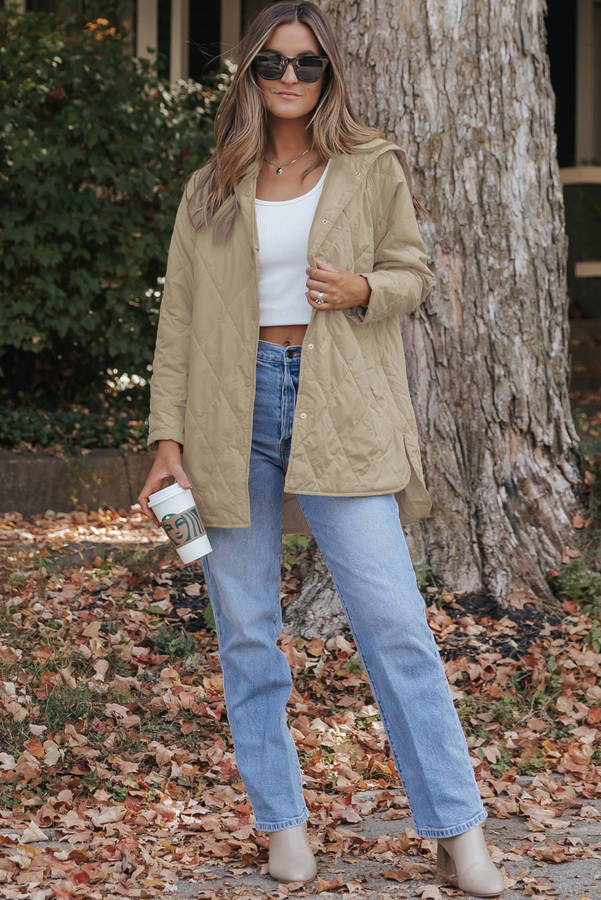 Khaki Quilted Snap Button Hooded Puffer Coat