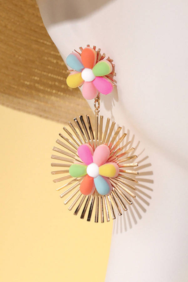 Red Colorful Flower Gold-pleated Dangle Earrings