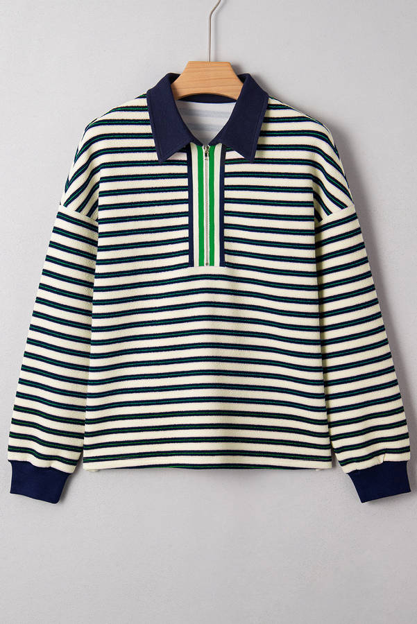 Navy Blue Striped Print Contrast Collar Zip V Neck Long Sleeve Top
