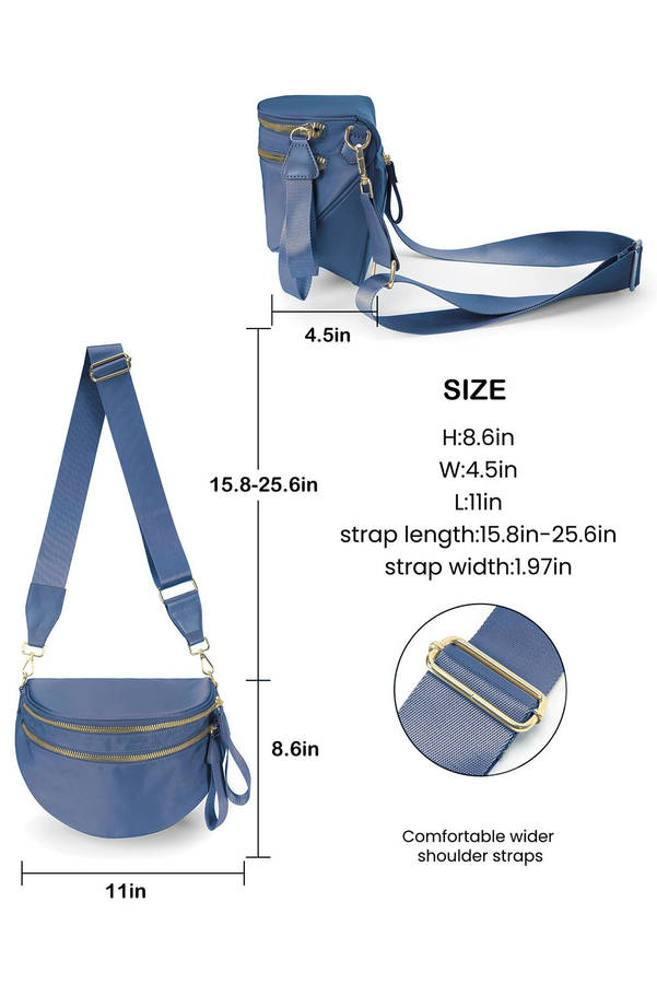 Sail Blue Double Zip Crescent Shape Adjustable Sling Bag