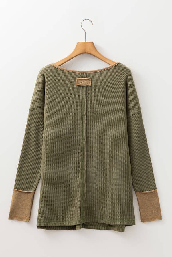 Vineyard Green Color Block Waffle Textured Tunic Henley Top with Slits