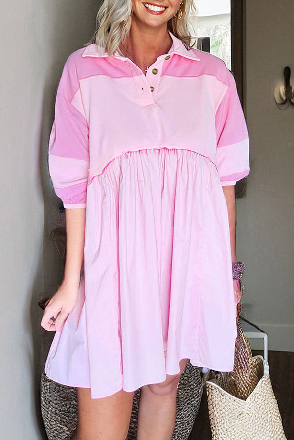 Pink Raw Seam Color Block Patchwork Button Polo Collar Mini Dress