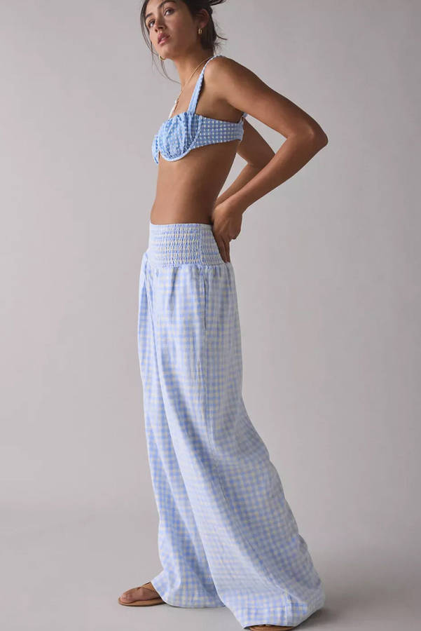 Myosotis Plaid Print Smocked High Waist Womens Loose Pants