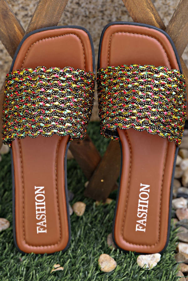 Red Dahlia Glitter Braided Square Toe PU Leather Slippers