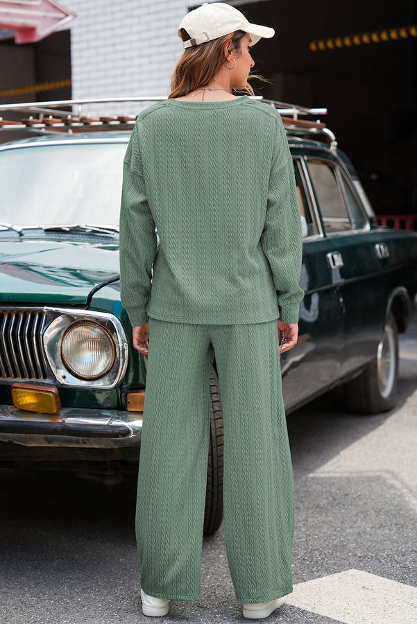 Smoke Green Textured Round Neck Sweatshirt & Loose Drawstring High Waist Pant Set