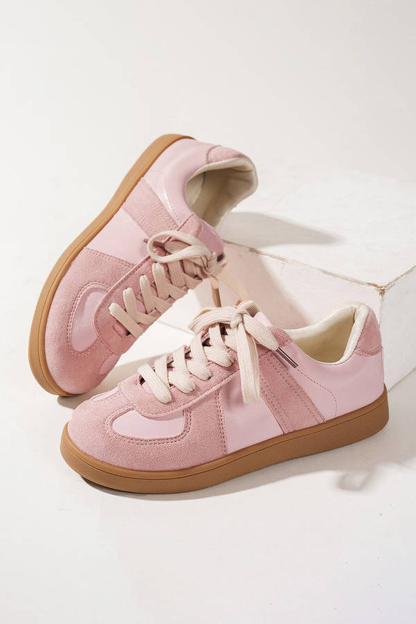 Pink Two Tone Faux Suede Leather Patched Lace-up Sneakers