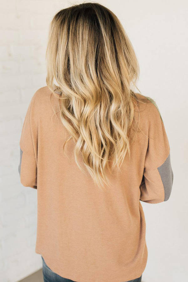 Buckskin Color Block Thermal Textured Knit Drop Shoulder Henley Top