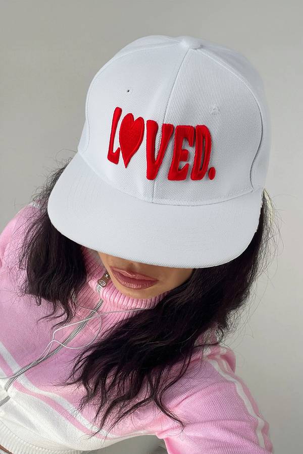White LOVED Custom Embroidered Valentines Day Baseball Cap