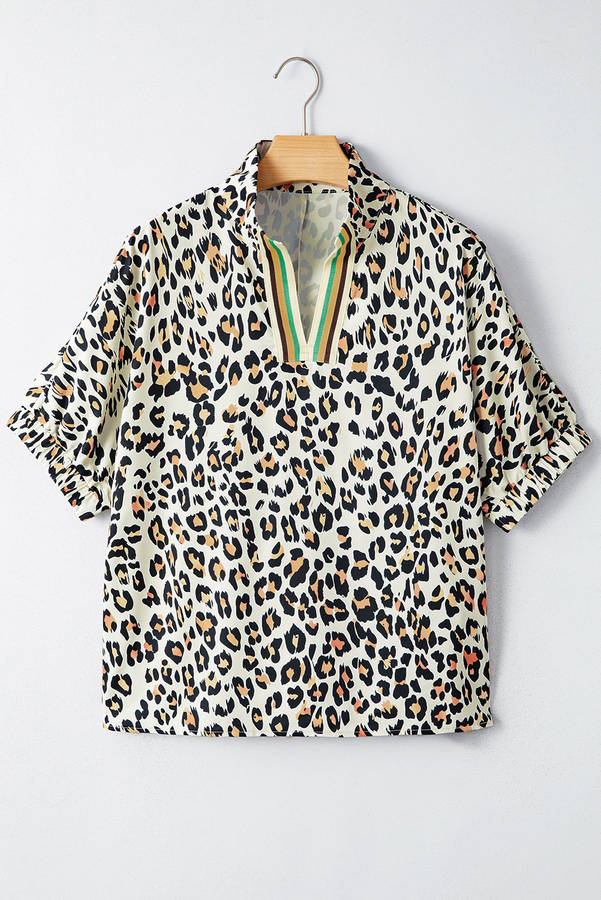 Khaki Leopard Color Block Contrast Striped V Neck Half Sleeve Loose Fit Blouse