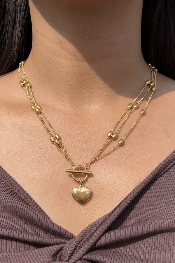 Gold Heart Toggle Charm Beaded Chain Triple Layered Necklace
