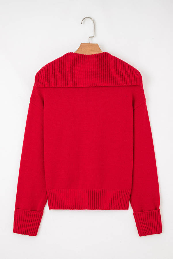 Racing Red Collared V Neck Ribbed Edge Sexy Elegant Sweater