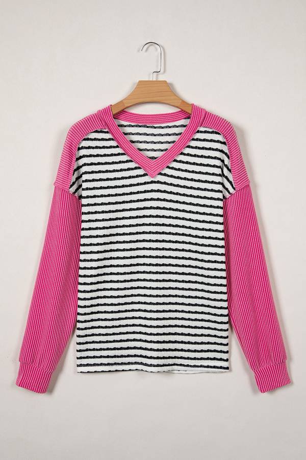 Black Stripe Textured Knit Twisted Rib Contrast Patchwork V Neck Long Sleeve Top