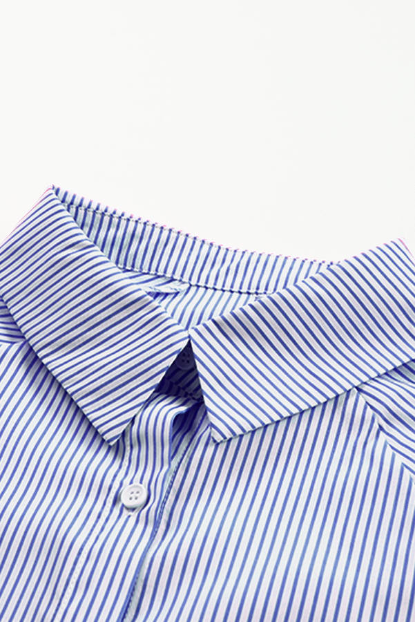 Blue Stripe Smocked Cuffed Striped Boyfriend Shirt with Pocket