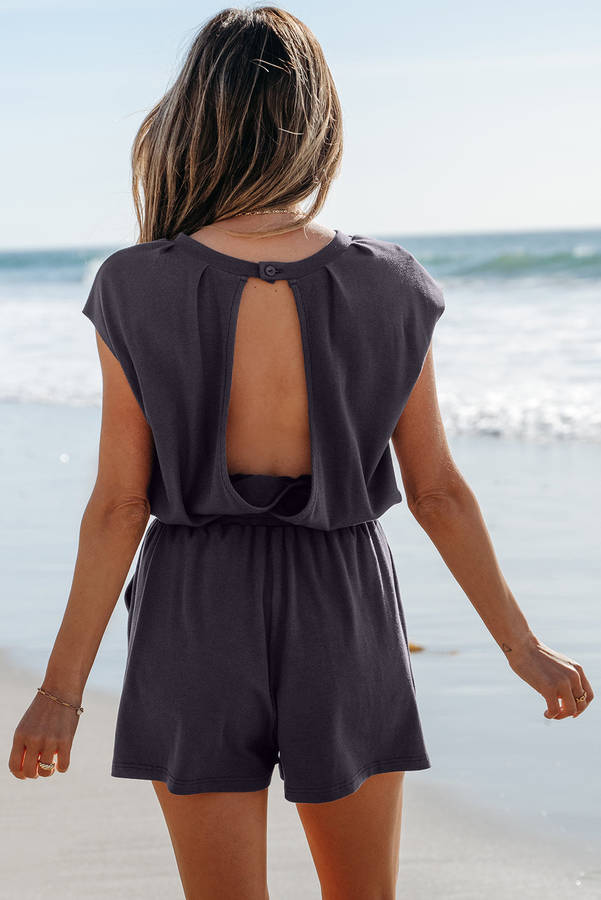 Bristol Black Knit Open Back Cap Sleeve Drawstring Elastic Waistband Romper