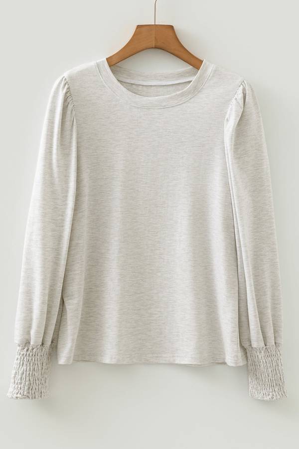 Oatmeal Shirred Cuffs Puff Sleeve Peasant Top