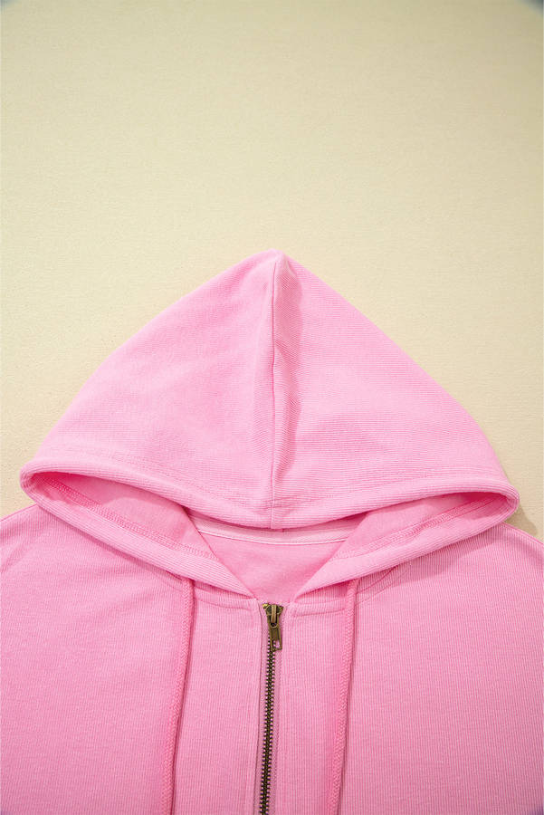 Sachet Pink Solid Color Ribbed Zip Up Drawstring Hooded Jacket
