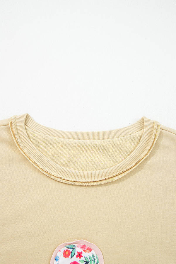 Pale Khaki Floral Applique Baggy Pullover Sweatshirt