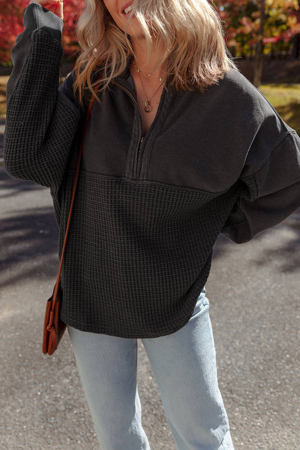 Carbon Grey Waffle Knit Patchwork Half Zipped Casual Sweatshirt