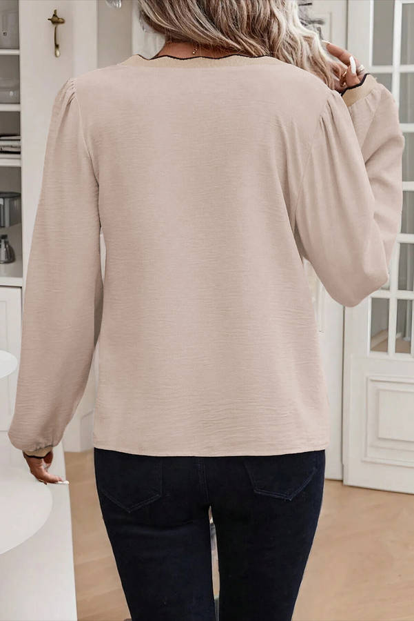 Jet Stream Contrast Scallop Trim V Neck Long Sleeve Blouse