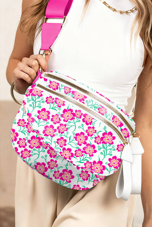 White Floral Printed Double Zip Crossbody Bag