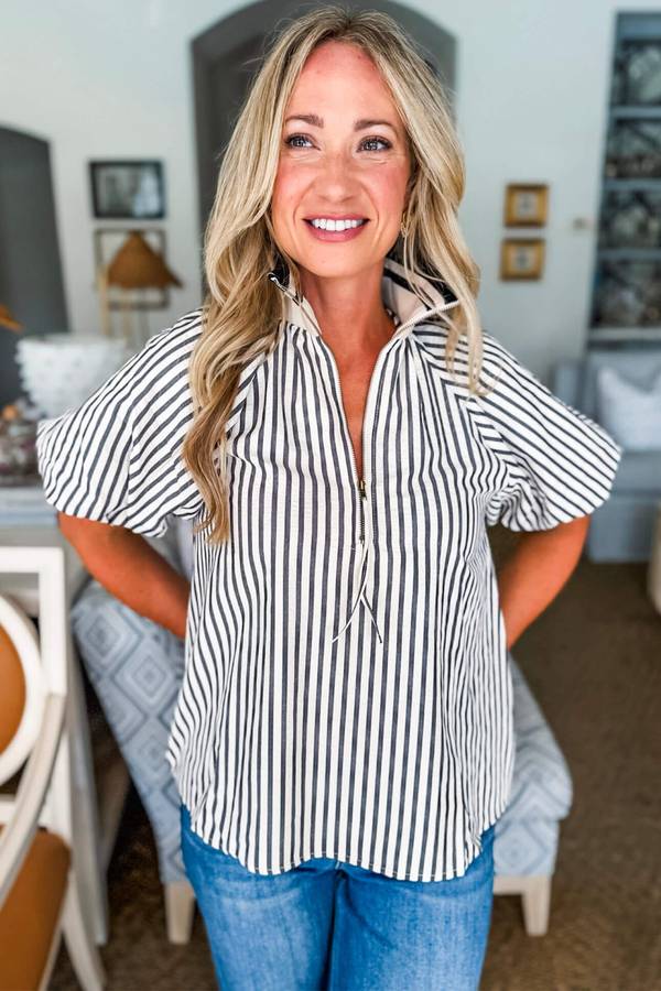 Black Stripe Polo Collar Half Zip Short Puff Sleeve Blouse