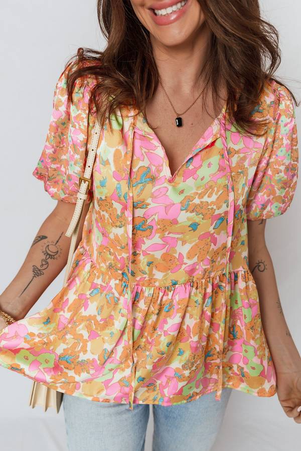 Orange Split V Neck Short Sleeve Flower Blouse