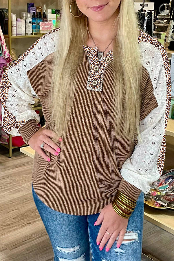 Dark Khaki Twisted Ribbed Leopard Lace Contrast Patchwork Long Sleeve Top