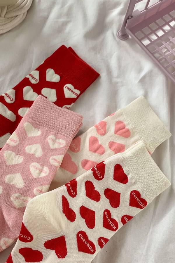 Pink Valentines Day Cute Heart Printed Polyester-cotton Socks