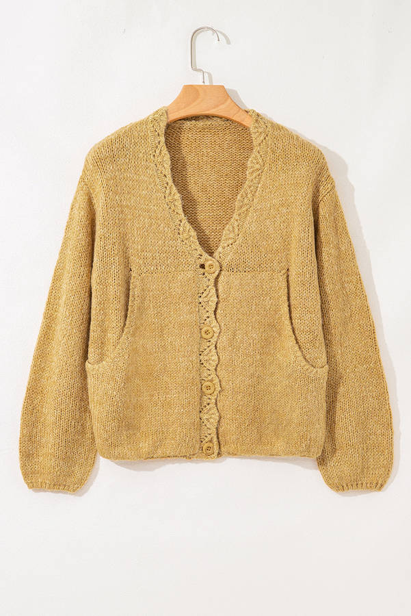 Light French Beige Lantern Sleeve Scallop V Neck Buttoned Front Cardigan