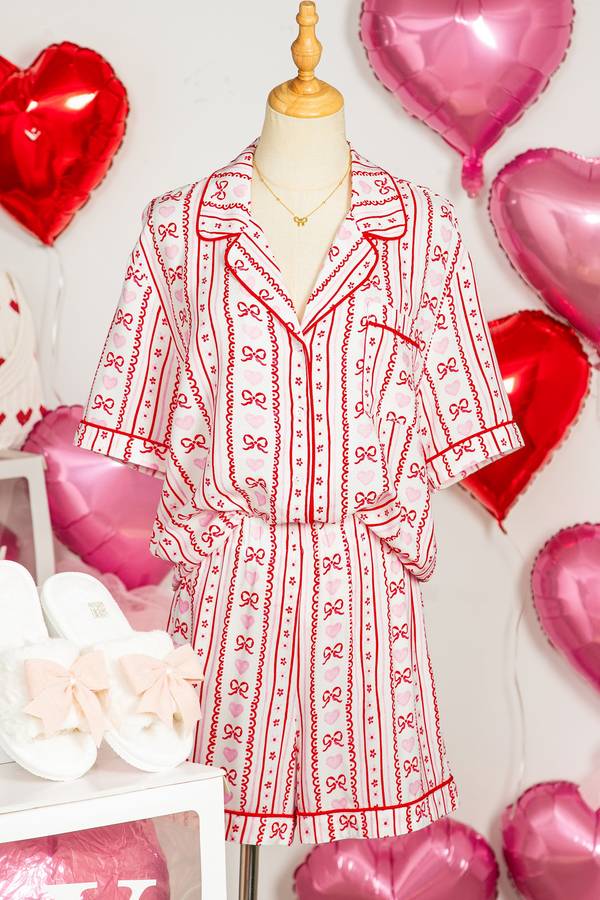 Red Cute Bow Heart Print Ribbon Decor Short 2pcs Pajama Set