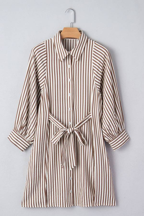 Brown Stripe Knot Waist Puff Sleeve Button Down Mini Shirt Dress