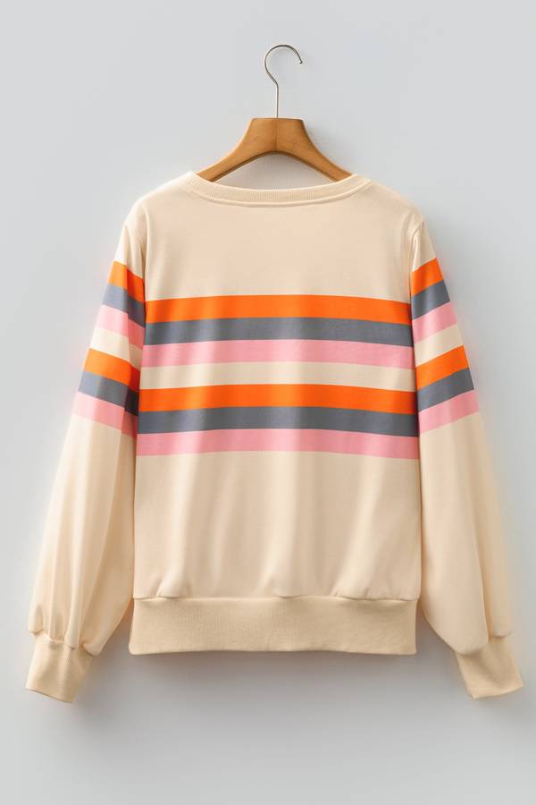 Beige Stripe Puff Sleeve Casual Pullover Sweatshirt
